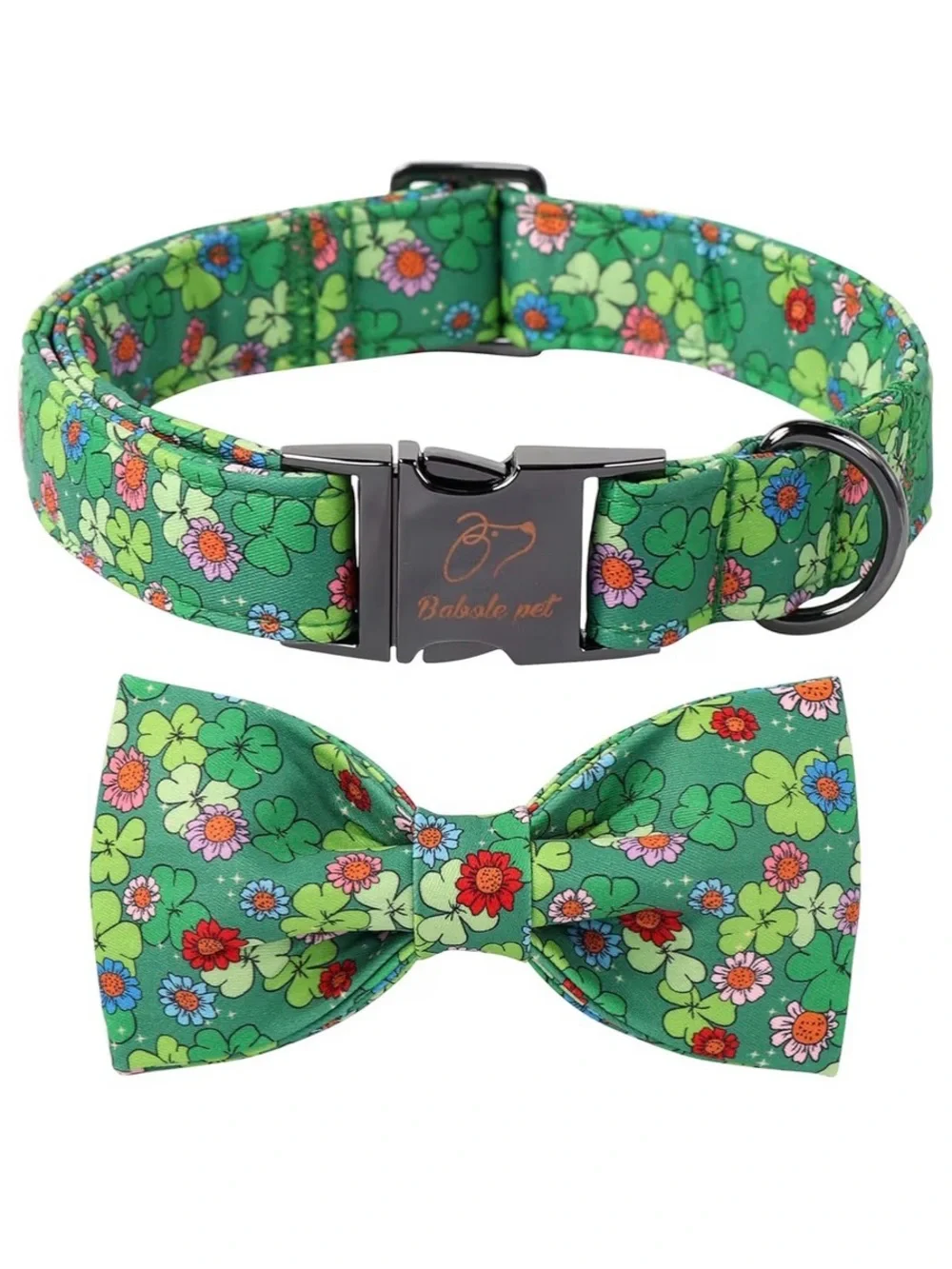 Green Clover Pattern Adjustable Dog Collar with Removable Bow